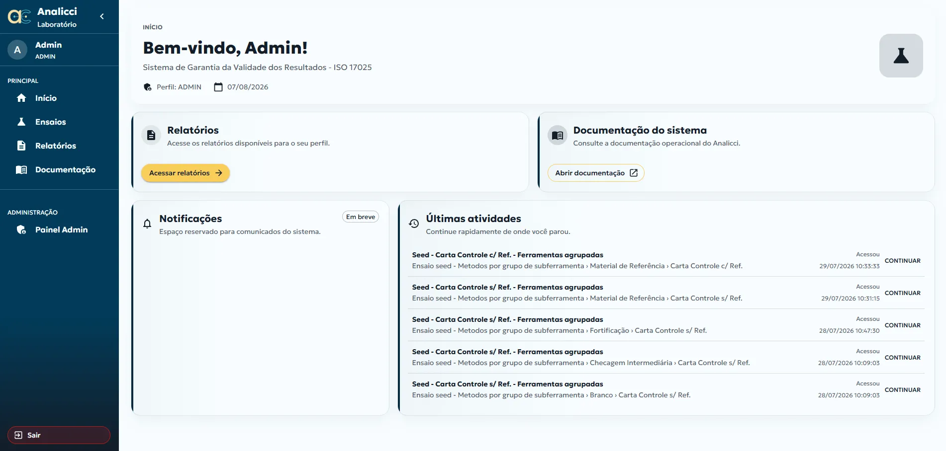 Tela inicial do Analicci, com atalhos para relatórios e documentação e a lista de últimas atividades de ensaios