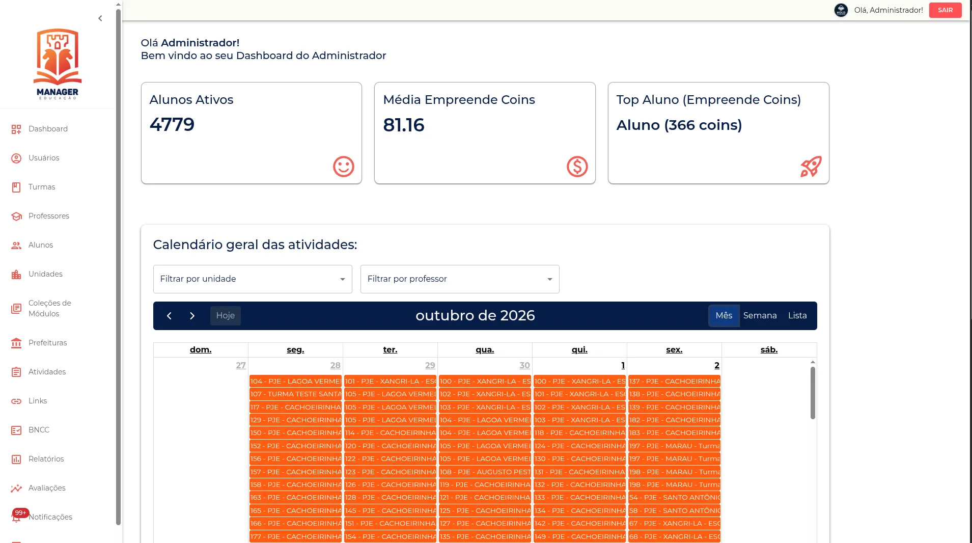Tela da plataforma Manager Educação
